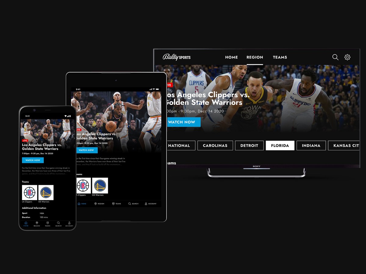 The Bally Sports app on a phone, a tablet and a TV, showing a live NBA game with regional tabs