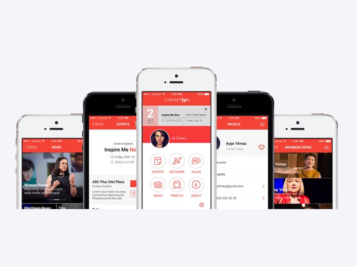 Five phones showing the TurkishWin app: news, events, a member profile and talks